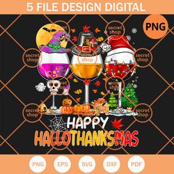 happy hallothanksmas wine glasses witch santa hat pumpkin , wine , witch santa , hallothanksmas