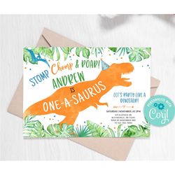 editable one-a-saurus dinosaur birthday invitation blue dino t-rex invitation boy dino birthday invite dinosaur party in