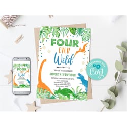 editable four ever wild birthday invitation boy dinosaur birthday invitation dino birthday invite blue fourever dinosaur