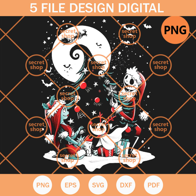 Jack And Sally Christmas Tree PNG, Skeleton Santa Hat PNG, Snow Flakes Xmas PNG - SVG Secret Shop.jpg