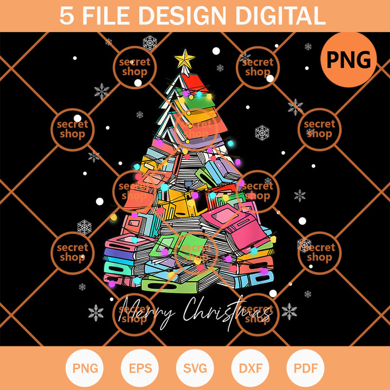 Merry Christmas Tree Love Reading Books PNG, Books Pine Tree PNG, Snowflakes PNG - SVG Secret Shop.jpg