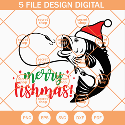 merry fishmas svg, fishmas wearing christmas hat svg, go fishing on christmas time svg