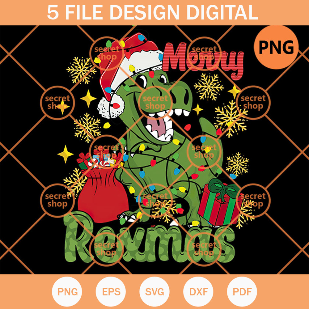 Merry Rexmas PNG, Dinosaur Christmas Smiling PNG, Dinosaur And Christmas Presents PNG - SVG Secret Shop.jpg
