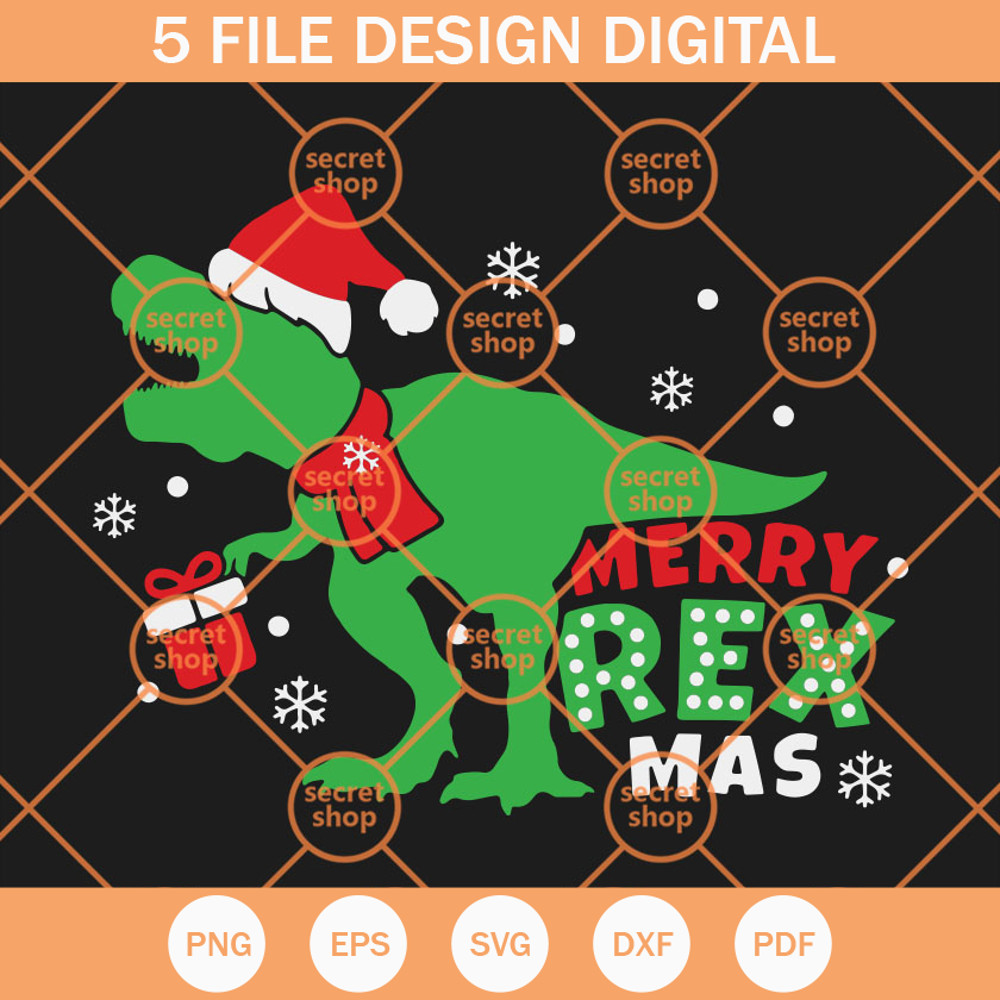 Merry Rexmas SVG, T- Rex Christmas SVG, Dinosaur Give Christmas Present SVG - SVG Secret Shop.jpg