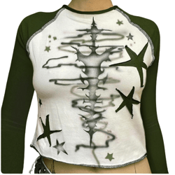 Star Print Crop Top Grunge 2000s Stitched Long Sleeve Women T Shirts Casual Streetwear Cute Graphic Fall Clothing