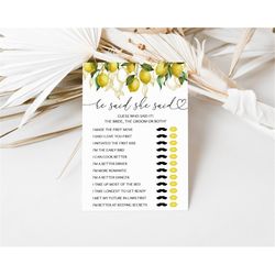 lemon he said she said bridal shower game citrus bridal shower game main squeeze bridal shower game lemon bride or groom