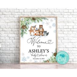 Editable Winter Woodland Animals Baby Shower Welcome sign Baby It's Cold Outside Woodland Sign Winter Wonderland Baby Sh