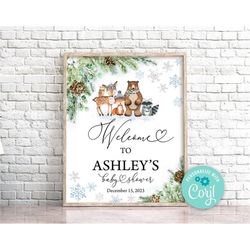 editable winter woodland animals baby shower welcome sign baby it's cold outside woodland sign winter wonderland baby sh