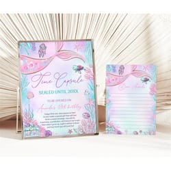 editable mermaid time capsule and matching note card pink mermaid birthday party time capsule under the sea birthday sig
