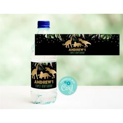 editable dinosaur bottle label, t-rex dinosaur water labels printable, dino birthday bottle label, gold dinosaur prehist