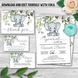 Editable Greenery Foliage Baby Shower Invitation Set. Elephant Baby Shower Invitation Pack. Gender Neutral Baby Shower T