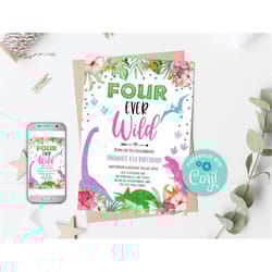 editable four ever wild birthday invitation, girl dinosaur birthday invitation, dino birthday invite pink fourever dinos