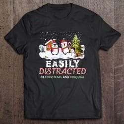 easily distracted by christmas and penguins tee shirt