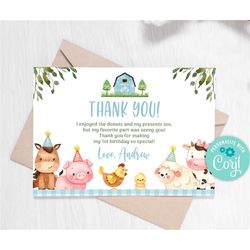 editable farm thank you card blue farm birthday party thank you farm animals thank you card boy farm birthday party 0106