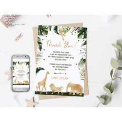 editable gold wild animal thank you card, jungle birthday thank you card, safari thank you card, party animals lion gira