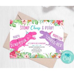 editable dinosaur double birthday party invitation twins dino t-rex invitation pink purple dinosaurs joint party invitat