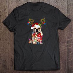 english bulldog santa hat reindeer christmas lights shirt