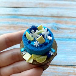 Miniature Realistic Christmas Blue Cake DollHouse Decor