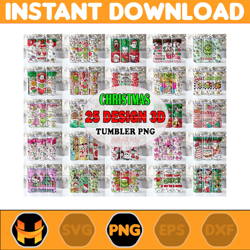 25 Designs 3D Christmas Tumbler Sublimation, 20oz Skinny Tumbler Bundle Wrap, Cartoon Funny Christmas Design Tumbler PNG Bundle Digital.jpg