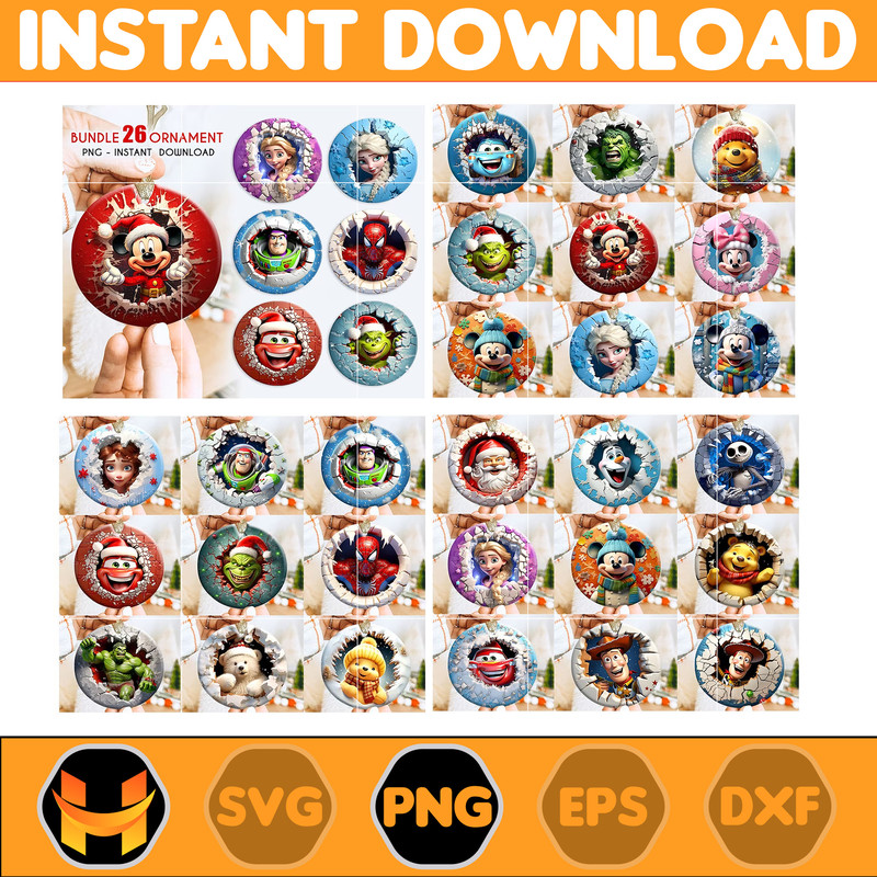 26 Files 3D Cartoon Movie Christmas Break Through Ornament Sublimation PNG, Instant Digital Download, Christmas Round Ornament PNG.jpg