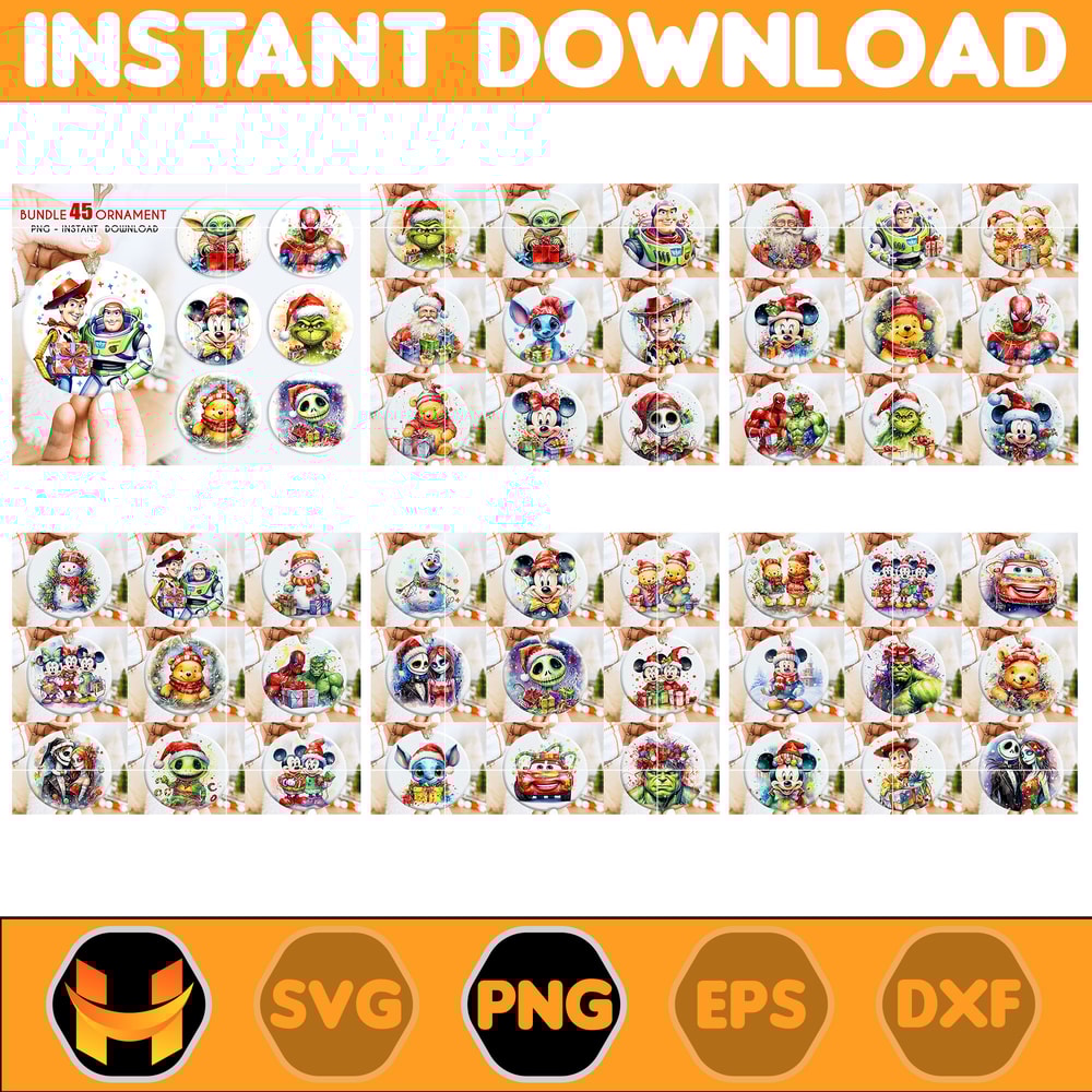 45 Cartoon Ornament Bundle Png, Christmas Ornament Bundle, 3D Christmas Ornament, Ornament Png, Sublimation Design.jpg