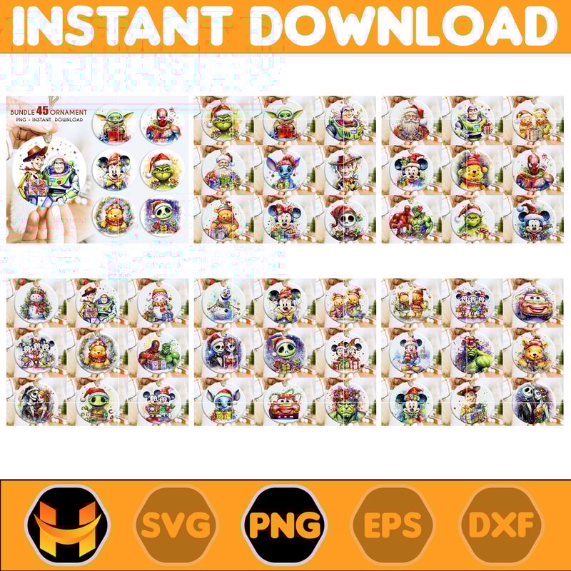 45 Cartoon Ornament Bundle Png, Christmas Ornament Bundle, 3D Christmas Ornament, Ornament Png, Sublimation Design.jpg