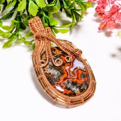natural seam agate gemstone pear vintage handmade pure copper wire wrapped pendant 2.5" 20.4 gms. kr09-3