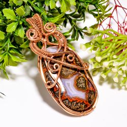 natural seam agate gemstone oval vintage handmade pure copper wire wrapped pendant 2.8" 24.6 gms. kr09-9