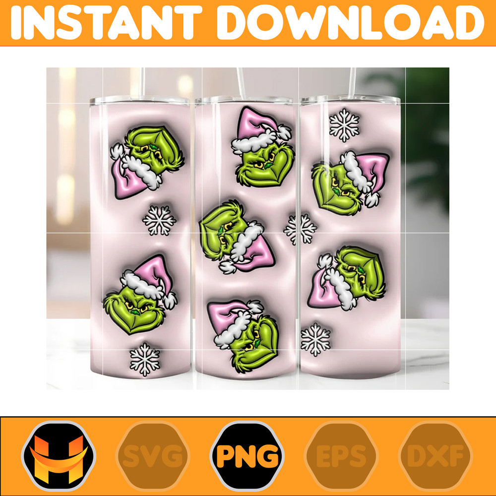 Inflated 3D Puff Pink Grinch Christmas Bubble 20 oz, 30 oz Straight and Tapered Tumbler Design for Sublimation, Tumbler Wraps, 4 PNG files.jpg