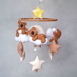Bear baby mobile with night light, Nursery mobile, Baby crib mobile, New baby gift, Nursery decor, Hanging mobile baby