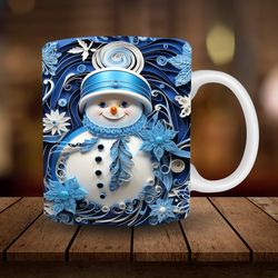 3d blue snowman mug sublimation, 3d christmas 11oz, 15oz mug sublimation wrap, digital download mug png, coffee cup tea