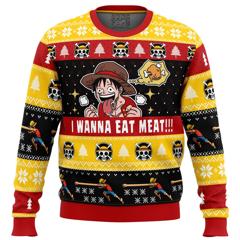 I Want To Eat Meat Luffy One Piece All OVer Print Ugly Hoodie 3D Zip Hoodie 3D Ugly Christmas Sweater 3D Fleece Hoodie