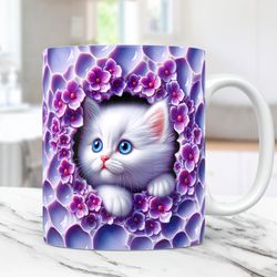 3d kitten hole in a wall mug wrap, cat mug wrap sublimation design png, 15oz and 11oz coffee cup template, 3d cute cat m