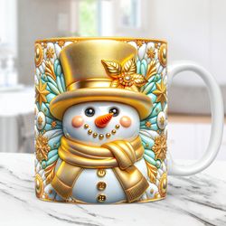 3D Snowman Mug Wrap Christmas Mug Wrap Inflated Sublimation Design PNG 11oz and 15oz Coffee Cup Template 3D Floral Snowm