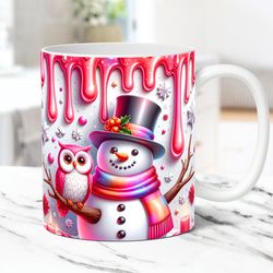 3D Snowman Mug Wrap Christmas Mug Wrap Sublimation Design PNG 11oz and 15oz Coffee Cup Template 3D Floral Owl Snowman Mu