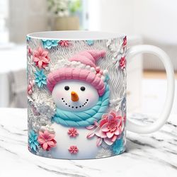 3D Snowman Mug Wrap, Christmas Mug Wrap Sublimation Design PNG, 11oz and 15oz Coffee Cup Template, 3D Floral Snowman Mug