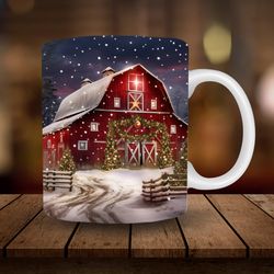 christmas barn mug sublimation, 3d christmas farm 11oz, 15oz mug sublimation wrap, digital download mug png, coffee cup