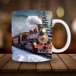 christmas train mug sublimation, 3d train mountains 11oz, 15oz mug sublimation wrap, digital download mug png, coffee cu