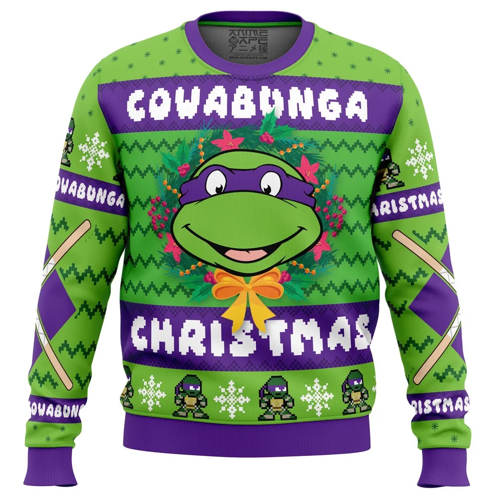 Cowabunga Donatello Christmas Teenage Mutant Ninja Ugly Hoodie 3D Zip Hoodie 3D Ugly Christmas Sweater 3D Fleece Hoodie