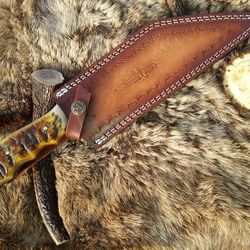 handmade 13 inch long damascus steel seax knife hunting knife with ram horn handle and leather sheath