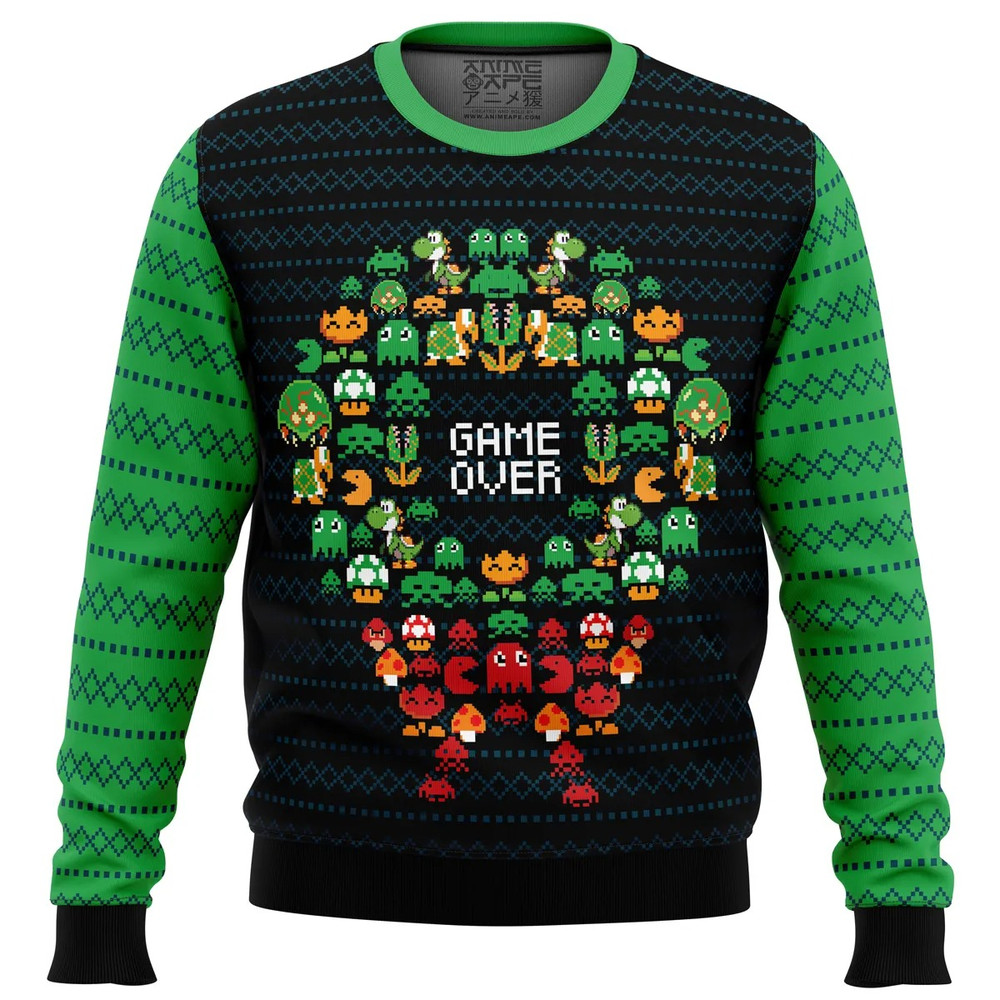 Game Over Nintendo All Over Print Ugly Hoodie 3D Zip Hoodie 3D Ugly Christmas Sweater 3D Fleece Hoodie