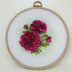 Embroidered picture Peonies, ribbon embroidery art, handmade wall decor