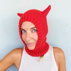 Knit Balaclava with Ears Red Wintef Ski Mask Handmade Crochet Wool Cat Hat