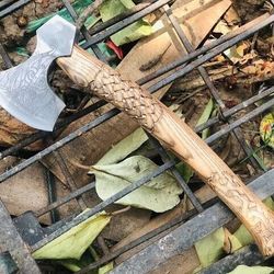 hand-forged carbon steel axe |acid-etched head with cutting edge & hand-engraved ash wood handle | premium viking axe