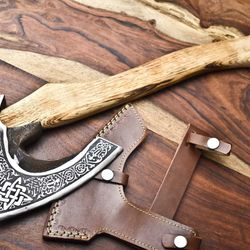 hand-forged carbon steel axe | acid etched head with cutting edge & hand-engraved ash wood handle | premium outdoor axe
