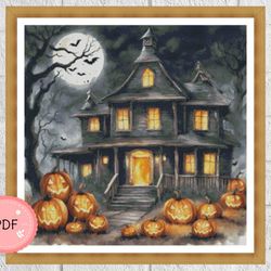 Cross Stitch Pattern,Spooky Halloween Night,Pdf, Instant Download,Spooky X Stitch Chart,Trick Or Treat,Bat,Watercolor