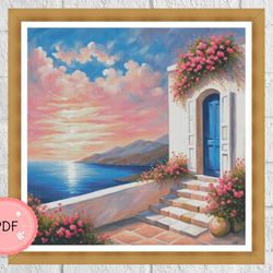 Cross Stitch Pattern,Greek Island House With Sea View,Pdf Instant Download,Greece Cityscape,X Stitch Chart,Santorin