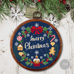 Merry Christmas Cross Stitch Pattern, Christmas Wreath Embroidery  2, Christmas home decoration, PDF 391