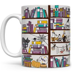 halloween spooky book library coffee mug, gothic witchy bookish mug, gift for librarian, bookworm bibliophile ceramic cu