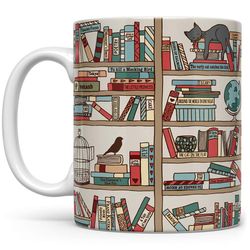 library bookshelf mug, books coffee mug, gift for librarian, books and cats ceramic cup, bookworm mugs, book lovers whit
